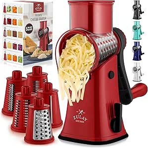 Zulay Rotary Cheese Grater 5 Blade Cheese Shredder - Manual Hand Crank Cheese Grater With Reinforced Suction & 5 Interchangeable Drums - Easy to Use, Vegetable Chopper Round Mandoline Slicer - Maroon