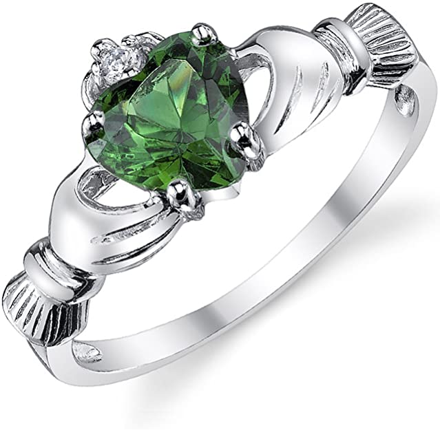 Sterling Silver 925 Irish Claddagh Friendship & Love Ring with Simulated Emerald Green Color Heart Cubic Zirconia