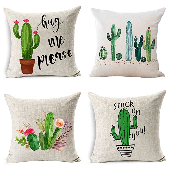 PSDWETS Home Decor Summer Style Cactus Hug Me Please Pillow Covers Set of 4 Cotton Linen Throw Pillow Case Cushion Cover 18 X 18,Funny Gifts
