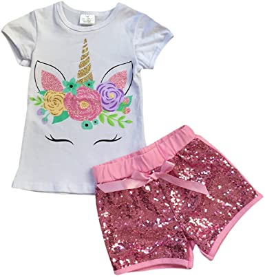 Little Girls 2 Pieces Short Set Unicorn Floral Tops Glitter Shorts Outfit 2T-8