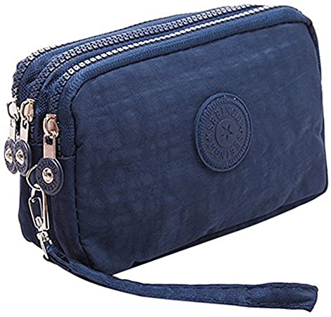 Fueerton Multifunction 3 Layers Zipper Key Card Phone Pouch Coin Money Bag Purse Wallet (Navy Blue)