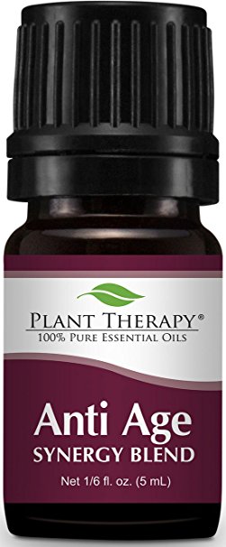 Plant Therapy Anti Age Synergy Essential Oil Blend. Blend of: Palmarosa, Rosalina, Copiaba Balsam, Frankincense Serrata, Frankincense Carteri, Sandalwood, Neroli, and Rose Absolute. 5 ml (1/6 oz).