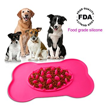 PerSuper Slow Eating Dog Bowl,Slow Feed Cat Bowl,Silicone Bone Shaped Feeder Anti Choke Food Water Bowl with No Spill Non-Skid Portable Pet Bowl