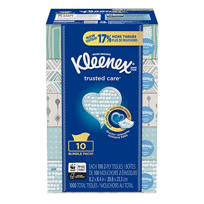 Kleenex Trusted Care Everyday Facial Tissues, Flat Box, 100 Tissues per Flat Box, 10 Packs