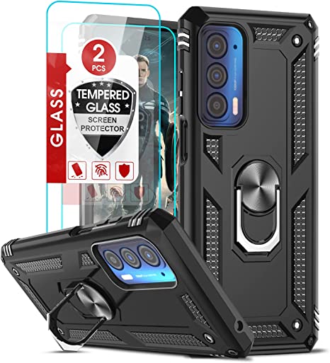 LeYi for Motorola Edge 5G UW Case, Moto Edge 2021 Case with 2 Pcs Tempered Glass Screen Protector, [Military-Grade] Protective Case with Magnetic Kickstand for Moto Edge 5G UW/Moto Edge 2021, Black