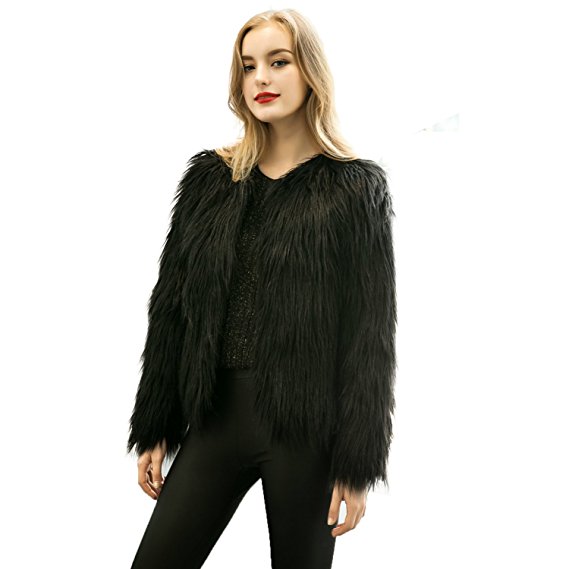 Caracilia Women Vintage Winter Outwear Warm Fluffy Faux Fur Coat Jacket Luxury