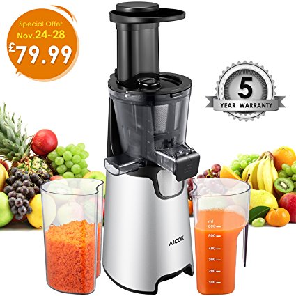 Aicok Slow Masticating juicer, Juice Extractor with 150W Quite Motor for High Nutrient Fruit and Vegetable Juice, Frozen Desserts, Include Juice Jug and Cleaning Brush, Silver