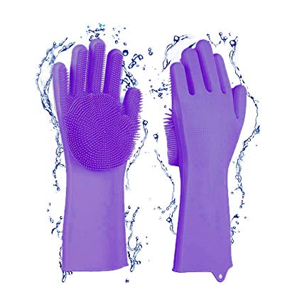 Magic Reusable Silicone Dishwashing Gloves | Pair Of Rubber Scrubbing Gloves For Dishes | Wash Cleaning Gloves With Sponge Scrubbers For Washing Kitchen, Bathroom, Car and More (Purple)