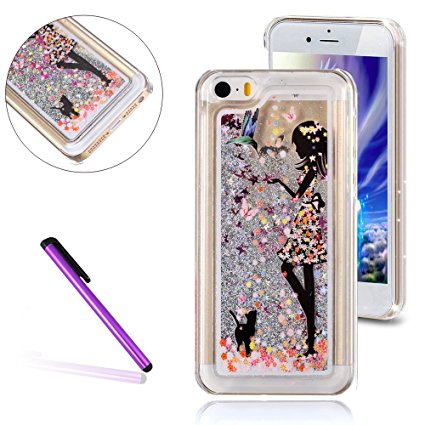 iPhone 5C Case,3D Quicksand Brilliant Luxury Bling Glitter Liquid Floating Angle Girl Moving Hard Protective Case for Apple iPhone 5C(Flower Girl Cat, Silver)