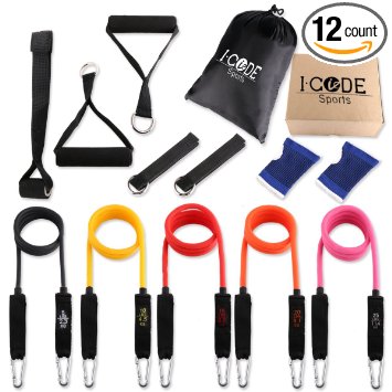 iCode Sports Resistance Band Set with 5 Best Quality Bands ,Door Anchor, Handles, Ankle Strap, and Wrist Support Perfect for Fitness Gym Exercise Training