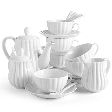 DOWAN 22 Pieces Porcelain Tea Set, Tea Gift Sets for Adults, Tea Cups and Saucers Sets of 6, Tea Pot, Teaspoon, Creamer and Sugar Set, Tea Service for Tea Party, White