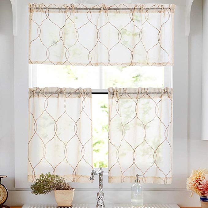 Kitchen Curtain Sets Country 3 Pieces Moroccan Trellis Pattern Embroidered Sheer Kitchen Tier Curtains and Valance Set for Bathroom, 36" L, Beige