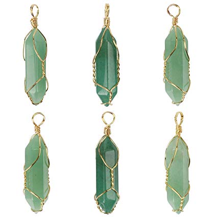Wholesale 6 PCS Hexagonal Pile Pendant Natural Green Aventurine Quartz Charm with Gold Plated Brass Wire Wrapped Chakra Healing Point Reiki Charm Bulk for Jewelry Making
