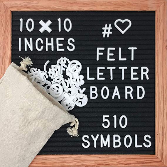 Black Felt Letter Board 10x10 inches - 510 Letters and Storage Bag Included - Solid Oak Frame - Changeable Letter Sign - Word Message Board