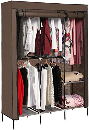 Korie Portable Clothes Closet Wardrobe Storage Double Rod Freestanding Closet with Non-Woven Fabric, Quick and Easy to Assemble (US Stock) (Chocolate)