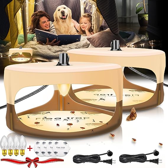 Flea Trap, Sticky Bed Bug Flea Traps Indoor Pest Control Trapper Insect Killer with 4 Glue Discs and Light Bulbs, Flea Traps for Inside Your Home with Light