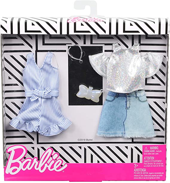 Barbie Clothes: 2 Outfits Doll Include A Sparkly Shirt, Skirt and Romper with Bow-Shaped Purse and Necklace, Gift for 3 to 8 Year Olds​