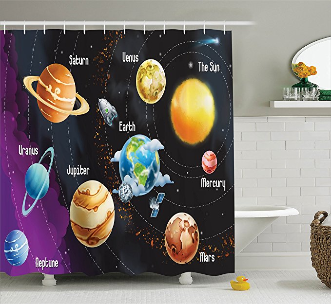 Ambesonne Outer Space Decor Shower Curtain Set, Solar System Of Planets Milk Way Neptune Venus Mercury Sphere Horizontal Illustration, Bathroom Accessories, 69W X 70L Inches, Multi