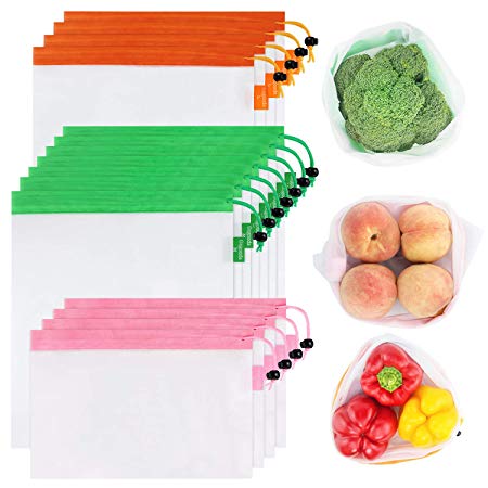 GOGOODA Upgraded Version 15 Pcs Reusable Produce Bags, 3 Size Lightweight Washable and See Through Mesh Produce Bags with Drawstring, Toggle Tare Weight Color Tag, Color Band for Easy to Pick