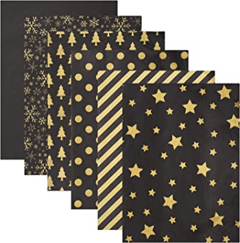 Blisstime 106 Sheets Tissue Paper Gift Wrap Bulk, 19.5" x 13.6" Christmas Tissue Paper for Wrapping, 6 Assorted Designs Golden Stars Snow Dots for Christmas Gift Bags, DIY and Craft (BlackGold)