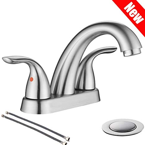 PHIESTINA Brushed Nickel 2 Handle Stainless Steel Bathroom Sink Faucet, Bathroom Faucet With Copper Pop Up Drain And Water Supply Lines, BF008-5-BN