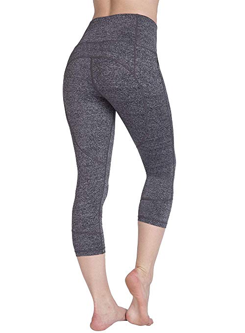 UURUN High Waist Yoga Capris Workout Leggings Mesh Running Pants Casual Tights with Pockets - Non See Through Fabric