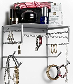 Silver 10" Wall Mount Jewelry & Accessory Storage Rack Organizer Shelf for Earrings, Bracelets, Necklaces, & Hair Accessories