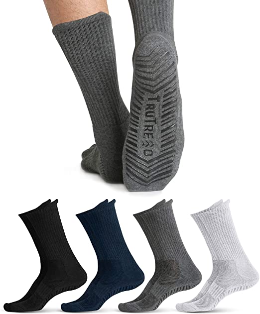 Non Skid Crew Grip Socks (4 Pairs) - Anti Slip Yoga Maternity Hospital Men Women