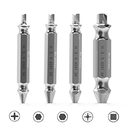 Dr.meter SE-01 Damaged Screw Extractor and Remove Set ,Easily Remove Stripped or Damaged Screws. Made From H.S.S. 4341# Galvanized, the Hardness Is 63-65hrc,Set of 4 Stripped Screw Removers