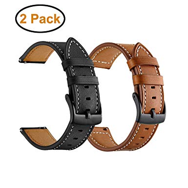 BIGTANG Vivoactive 3 Watch Band, 20mm Quick Release Genuine Leather Watch Strap for Garmin Vivoactive 3/ Forerunner 645 Music/Samsung Galaxy 42mm Smart Watch – Brown & Black [2 Pack]