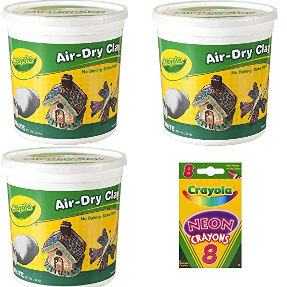 Crayola Air-Dry Clay, White, 5 lb. Resealable Bucket, Great for Classroom, Educational, Art Tools, 3 Pack (15 lb Total) Bundle with Box of Neon Crayons