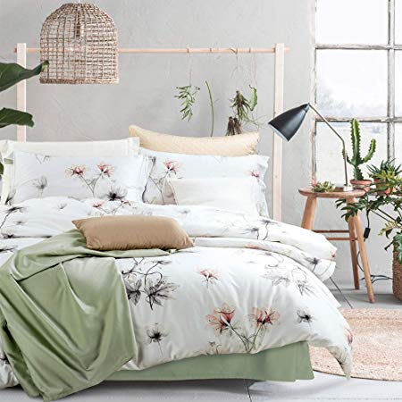 MILDLY Duvet Quilt Cover Set Bedding Sets Comforter Cover with 2 Pillow Shams 100% Egyptian Cotton Soft Lightweight Flower Floral Print White 3 Piece King Size 90" 104"