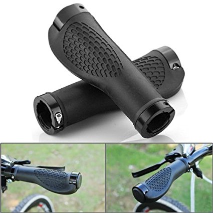 2X Reduce Vibration Ergonomic Design Durable TPR Rubber Bicycle MTB XC FR Handle Bar Black Anodized Aluminum Ends Plug Hand Grips Fit 3/4" To 1" Handlebar