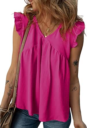 Dokotoo Womens Summer Tops Cute V Neck Ruffle Cap Sleeve Babydoll Blouses Shirts