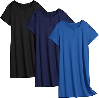 Ekouaer 3 Pack Nightgowns for Women Sleepwear Short Sleeves Sleep Shirts Button Down Nightshirt Sleep Dress