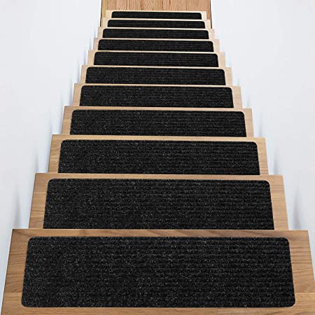 Stair Treads Non-Slip Carpet Indoor Set of 18 Black Carpet Stair Tread Treads Stair Rugs Mats Rubber Backing (30 x 8 inch),(Black, Set of 18)