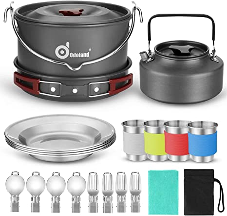 Odoland 22pcs Camping Cookware Mess Kit, Large Size Hanging Pot Pan Kettle with Base Cook Set for 4, Cups Dishes Forks Spoons Kit for Outdoor Camping Hiking and Picnic