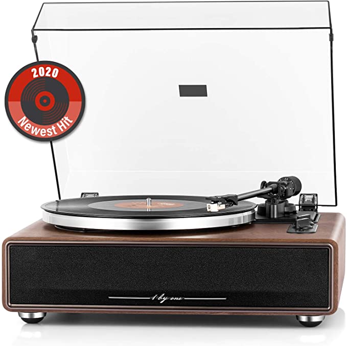 1byone [2020 Newest Hit] High Fidelity Belt Drive Turntable with Built-in Speakers, Vinyl Record Player with Magnetic Cartridge, Wireless Playback and Aux-in Functionality, Natural Wood