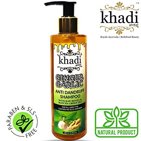 (Introductory Price) Khadi Global Ginger Garlic Anti Dandruff Shampoo with Raw Honey & Matcha Green Tea 200ml / 6.76 fl.oz , Prevents from Dandruff and Itchy Scalp, With Natural Anti-Fungal Formulation, Removes Dandruff.