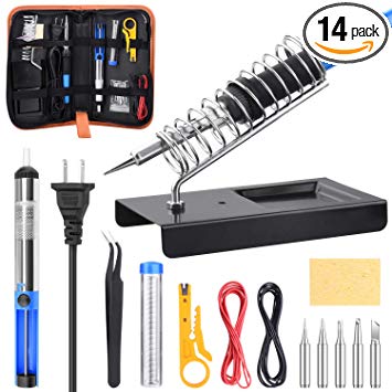 ETEPON 14-in-1 Soldering Iron Kit Adjustable Temperature with Desoldering Pump, Solder Wire, Soldering Tips, Soldering Stand and PU Carry Bag ET001