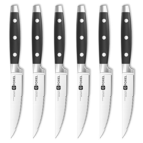 FOXEL Premium Modern Steak Knife Set Gift Box, Sharp Rust-Proof German Stainless Steel Serrated Blade, Perfect Gourmet Cutlery Gift