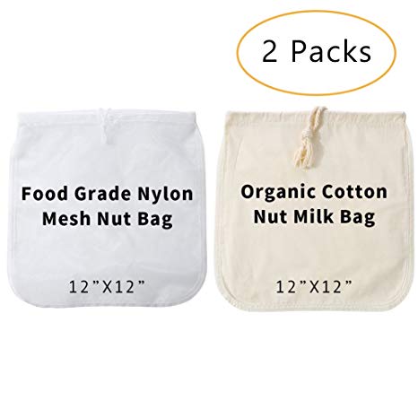 2 Pack Nut Milk Bags | Commercial Grade Big 12"X12" | Reusable Food Strainer | Multiple Usage Almond Milk Bag | Fine Mesh Nylon & Organic Cotton Cheesecloth Bag | Yogurt, Soy Milk, Fruit Juice Filter