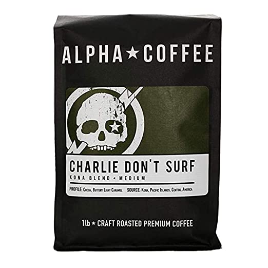 Alpha Coffee - Charlie Don't Surf | 16 oz. Premium Gourmet Craft Kona Blend Whole Coffee Beans | Veteran Owned - Specialty Small Batch Roasted Coffee (Charlie Don't Surf)