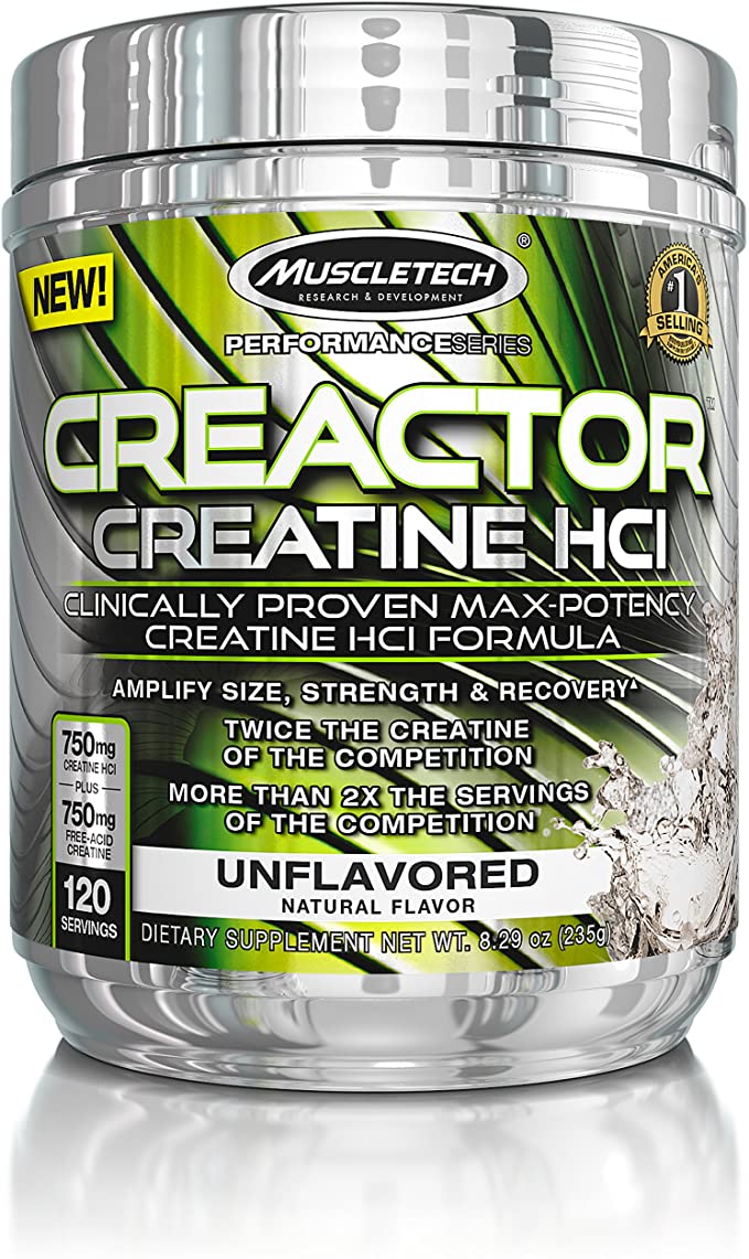 MuscleTech Creactor, Max Potency Creatine Powder, Micronized Creatine and Creatine HCl, Unflavored, 120 Servings (235g)
