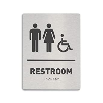 Unisex Restroom Identification Sign - ADA Compliant Bathroom Sign, Wheelchair Accessible, Raised Icons, Raised Braille, Brushed Aluminum, TCO Inspection Certified (6"W x 8"H) - by GDS