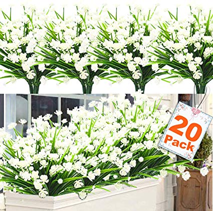 20 Bundles Artificial Flowers for Outdoor Decoration, UV Resistant Faux Outdoor Plastic Greenery Shrubs Plants Artificial Fake Flowers Hanging Planter Kitchen Home Wedding Office Garden Decor (White)