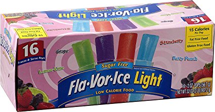 Flavor Ice Light Sugar Free Freezer Jumbo Pops 16 Ct 2 Oz- New Larger Size.- Sweet Popsicle Treat for Low Carb Diet Watchers