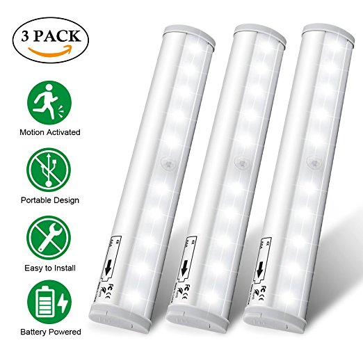 Motion Sensor Closet Lights, SOLMORE 10 LEDs Battery Operated Cabinet Lights DIY Portable Under Cabinet Lighting Motion Sensor Nightlight for Closets Hallway Stairway Drawer Garage White (3 Pack)