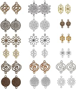 SUNNYCLUE 72Pcs 18 Styles Flower Connector Charms Flower Links Connectors Sunflower Lotus Clover Charm Filigree Connectors for Jewelry Making Charms Women Adults DIY Earring Necklace Bracelet Craft