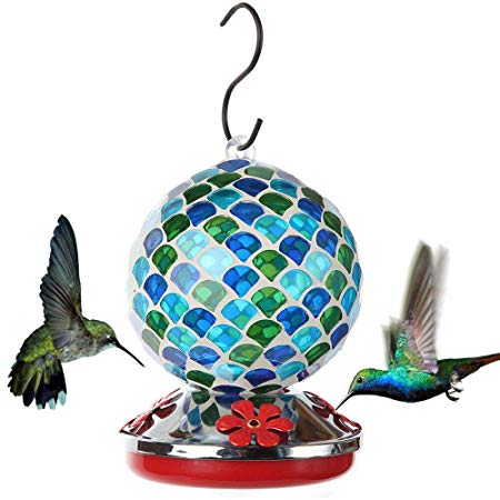 Lily’s Home Mosaic Glass Hanging Hummingbird Feeder, with Hanging Hook. Blue, 20 Ounce